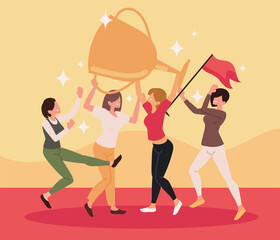 women with trophy and flag