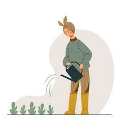 Nice cartoon gardener woman watering plants.