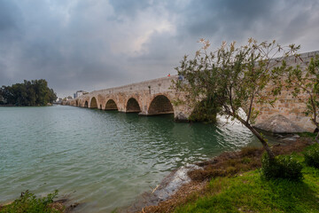 Fototapeta na wymiar Taskopru Bridge over Seyhan River in Adana City of Turkey