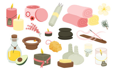 Spa salon wellness set vector illustration. Cartoon collection with oil and relax stones for massage, candle for zen therapy and treatment, natural frangipani flowers and bath towels isolated on white