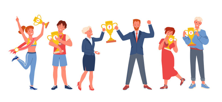 Happy people winners with first place awards set vector illustration. Cartoon sportswoman winning gold trophy cup at competition, business people holding prize in hands. Success, victory concept