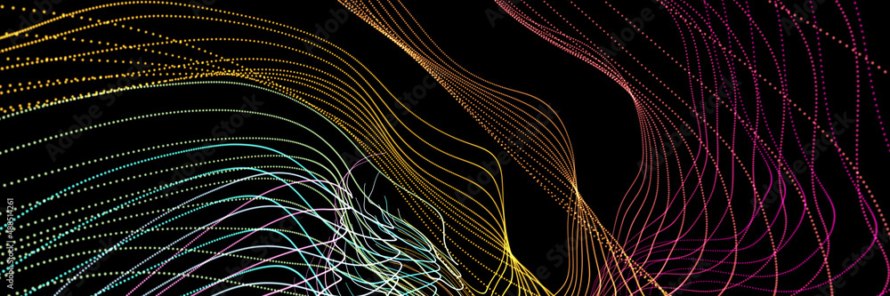 Poster multicolored flying particles on a black background. dark abstract background with multicolored glow