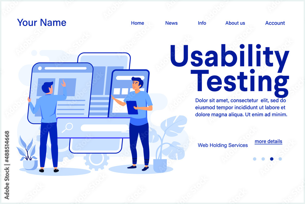 Poster illustration vector usability testing concept landing page with the young man is testing the interfa