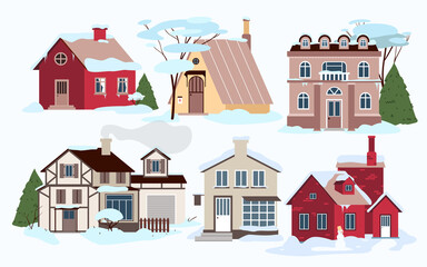 Village modern houses in winter cold weather and snow set vector illustration. Cartoon family homes in snowdrifts, buildings and cottages with trees in garden, windows, roofs and doors background