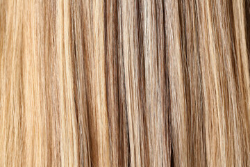 Female hair after highlighting procedure in beauty salon, shiny shades of blonde