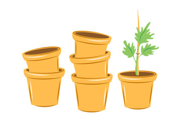 Obraz premium Healthy young seedlings potted.Green shoots. Springtime gardening. Vector illustration isolated on white background.