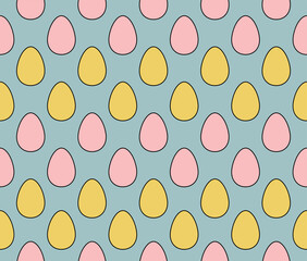 Seamless pattern from Easter eggs. The background is blue with a pattern of yellow and pink eggs with a black stroke.