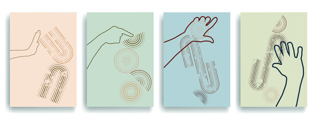 Modern poster with minimalist design elements and hands in Boho style  . Wall art , home deco . Vector abstract shape.