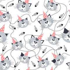Cartoon watercolor cats seamless pattern in pastel colors. Kids design.
