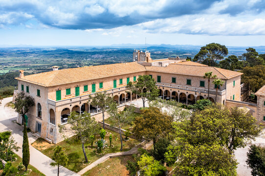 Spain, Mallorca, Helicopter view of Sanctuary of Cura situated on summit of Puig de Randa in summer