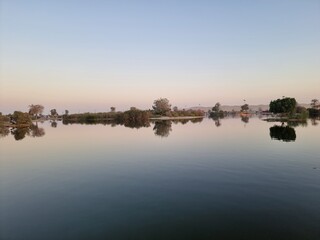 sunset over the Al Wathba lake in Abu Dhabi, UAE. 