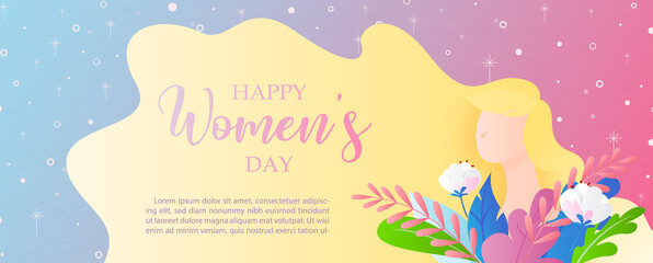 Fototapeta na wymiar Beautiful woman in flat style with women's day wording and flowers on star pattern background