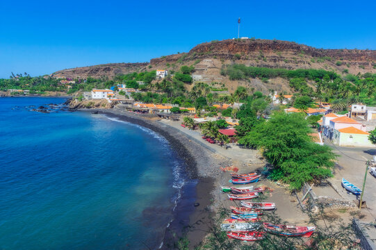Cape Verde, Sao Vicente, Mindelo, Edge of coastal city in summer with hill in background