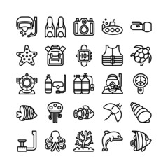 Diving icon set vector line for website, mobile app, presentation, social media. Suitable for user interface and user experience.