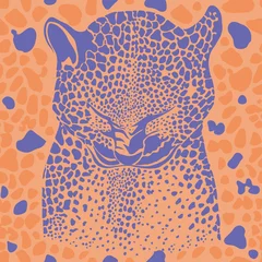 Fotobehang Pantone 2022 very peri Luipaard naadloos patroon. Vector illustratie. Zeer peri en oranje kleuren