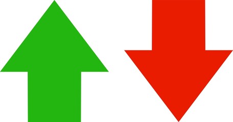 Simple up and down arrows. Upward, downward arrows in green and red isolated on white background, set of two. 