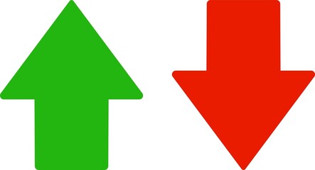 Simple up and down arrows. Upward, downward arrows in green and red isolated on white background, set of two. 