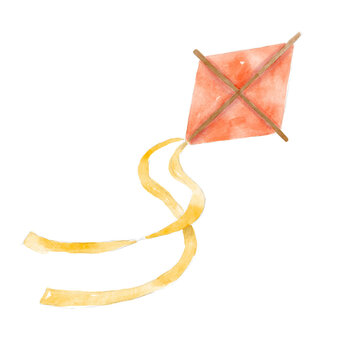 Watercolor red flying kite with yellow ribbons. Hand-drawn illustration isolated on the white background