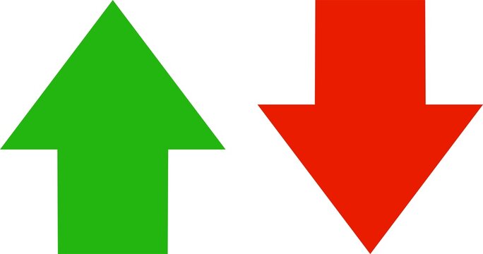 Simple up and down arrows. Upward, downward arrows in green and red isolated on white background, set of two. 
