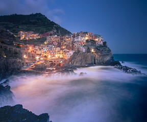 Amazing old town of Manarola in blue hour