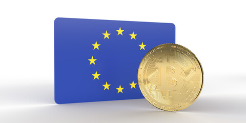 European Union, EU flag with golden metallic bitcoin cryptocurrency coin. 3D Rendering on financial white background with copy space. Online exchange money investment illustration