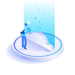 Cloud computing technology concept. Woman working on laptop and downloads files in cloud storage or processing data online. Database service and backups storage. Vector illustration in isometric view