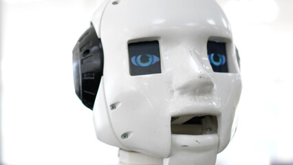 Portrait of a robots head. White modern robot at the exhibition of new technologies. Modern Robotic Technologies.