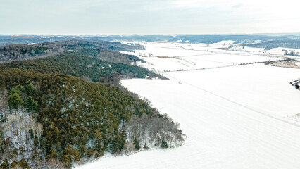 Farm fields in between the hills in winter
