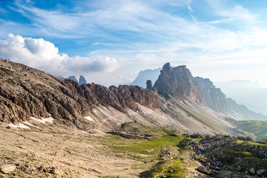 Italy, South Tyrol, View of Puez Group range in summer