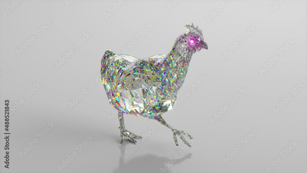 Poster walking diamond hen. the concept of nature and animals. low poly. white color. 3d animation of seaml