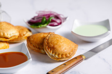 Homemade empanadas with sauces. South American street food. These delicious beef empanadas are mandatory to eat, they have a crunchy dough and an exquisite ground beef filling.