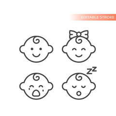 Baby boy, baby girl line vector icon. Crying and sleeping face outlined symbol.