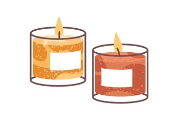 Soy wax candles in glass jars. Modern aromatic interior decoration. Cosy decorative burning candlelights. Romantic home decor with glowing light. Flat vector illustration isolated on white background