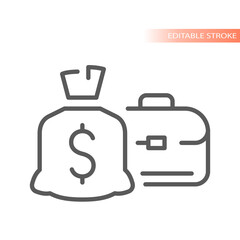 Dollar sack and briefcase line vector icon. Money bag and case outlined symbol.