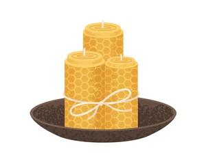 Rolled honeycomb candles in bowl. Natural beeswax pillars with honey scent. Handmade cosy home interior decoration tied with string. Flat vector illustration isolated on white background - obrazy, fototapety, plakaty