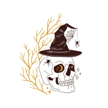 Spooky skull in witch hat with spiders and cobweb vector illustration isolated on white. Mystical Halloween print for postcard or tee shirt design.
