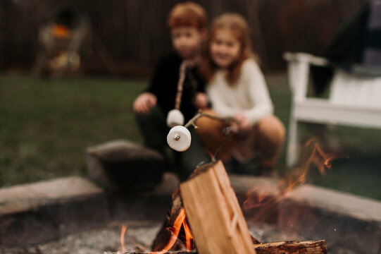 Siblings roasting marshmallows at campfire