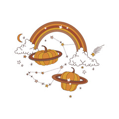 Groovy rainbow with clouds Pumpkin planet Constellation Stars Moon vector illustration isolated on white. Boho celestial space print for Halloween or tee shirt design.
