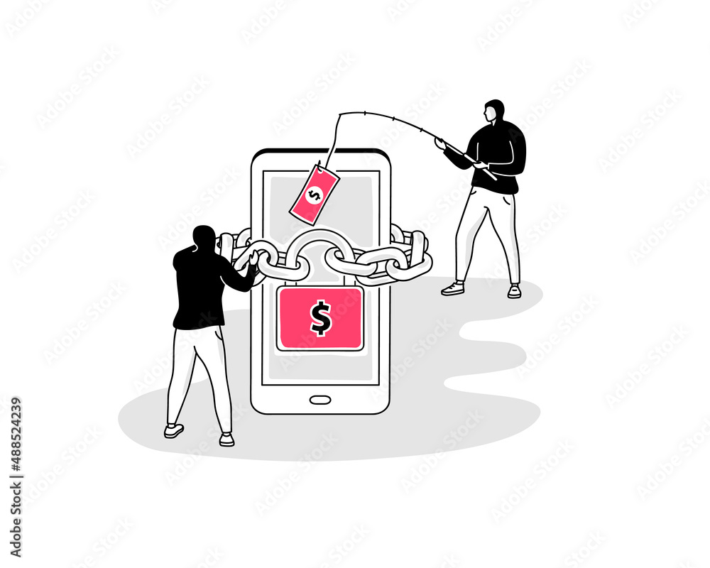 Fototapete Illustration of ransomware symbol with a smartphone and two hackers. Easy to use for your website or presentation.