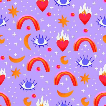 Feminist seamless pattern for Women's day with rainbows, moon and stars elements, eyes and flaming hearts, girly and cute vibes