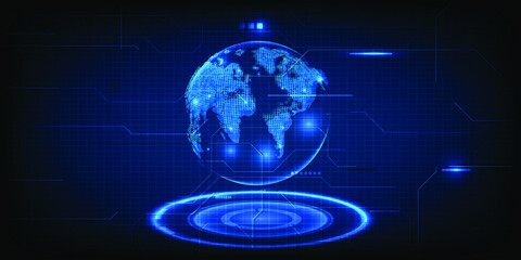 Vector illustrations of futuristic technology blue digital hologram earth  on glowing pedestal tech platform.Future tech design concepts.