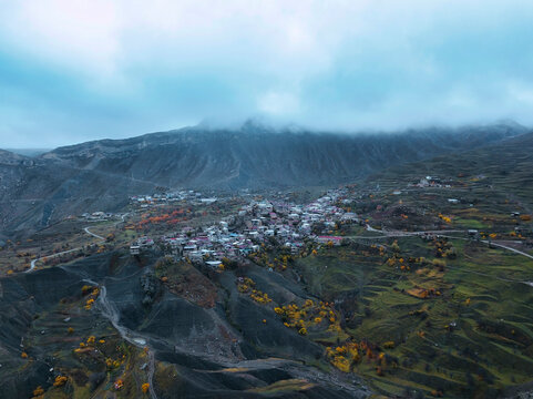 Scenic view of mountains by Aul chokh village in North Caucasus, Dagestan, Russia