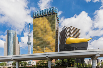 Japan, Kanto Region, Tokyo, View of Metropolitan Expressway, Asahi Beer Hall and Tokyo Skytree