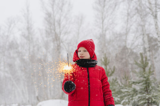 Smiling boy with sparkler in snow forest - Powered by Adobe