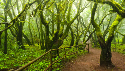 Mossy trees in the evergreen cloud forest of Garajonay National Park, La Gomera, Canary Islands,...