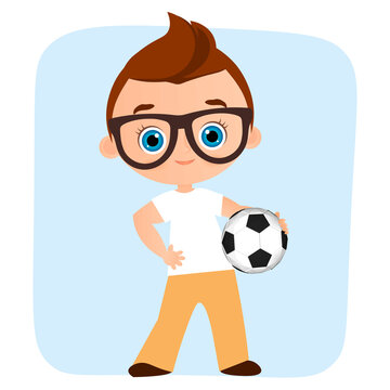 Young Boy. Kid playing football. Vector illustration eps 10 isolated on white background. Flat cartoon style.