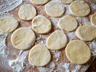 process of making homemade dumplings, ravioli or pelmeni with vegetables filling. Ready for cooking raviolis on wooden board