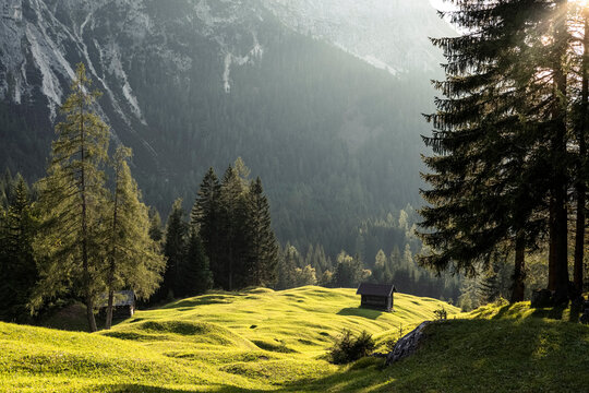 Summer meadow inMieming Range at dusk with lone hut in background