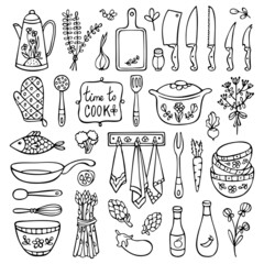 Kitchen doodle set. Utensil and cutlery isolated in white background. Hand-drawn vector illustration. 