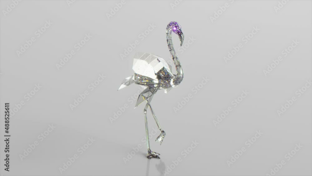 Poster walking diamond flamingo. the concept of nature and animals. low poly. white color. 3d animation of 